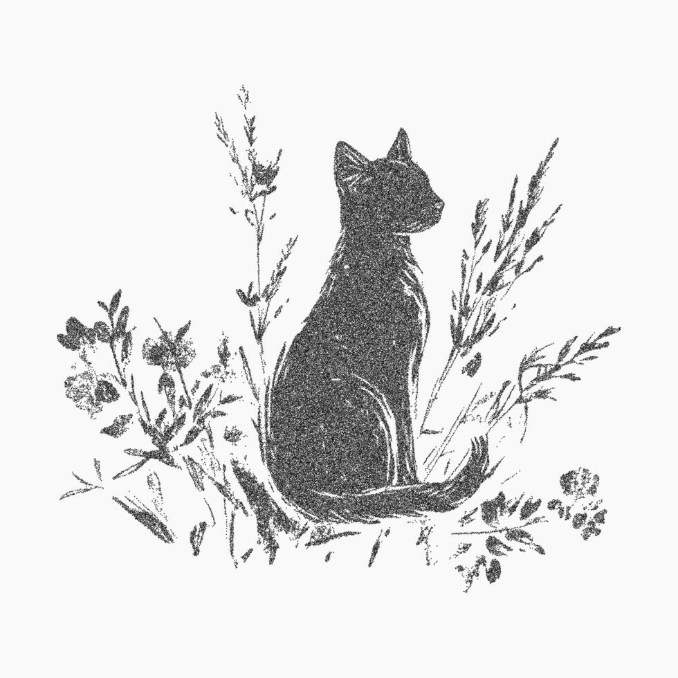 Silhouette of a cat in flowers. Ink drawn figure with gritty paper pattern and distressed grain overlay. Stipple details and sand like noise. vector