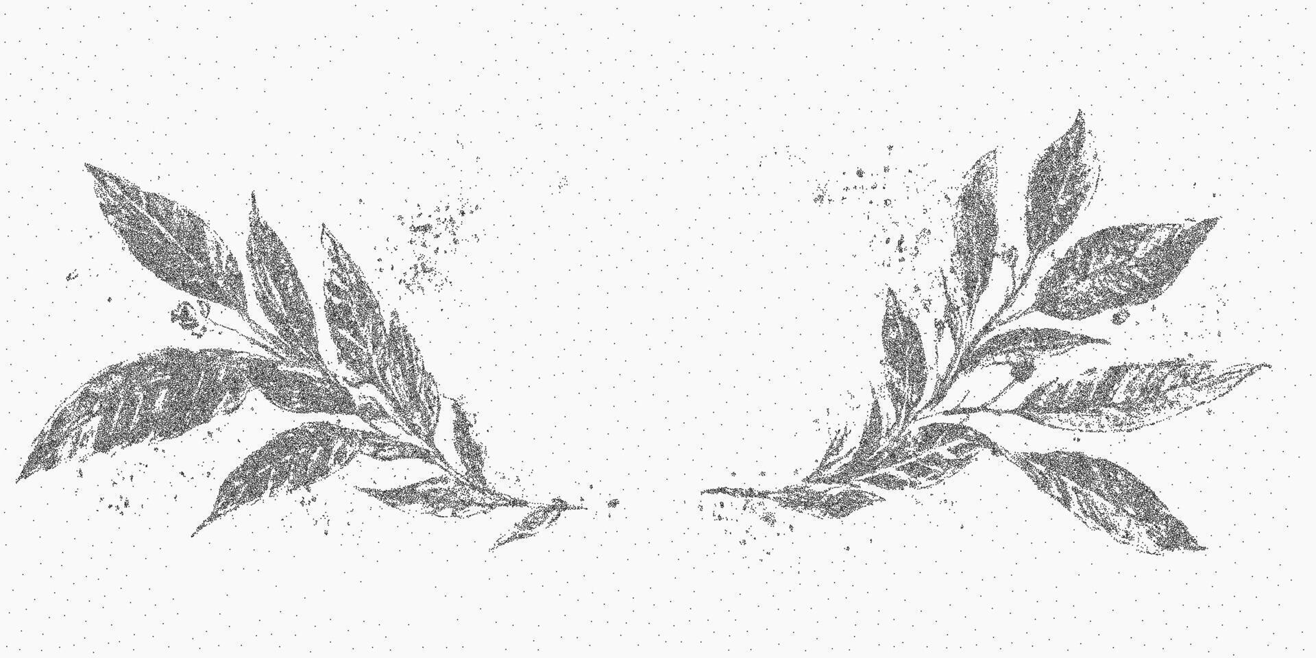 Wreath of leaves. Ink drawn object with dusty speckle, threshold pattern and gritty surface grain. vector