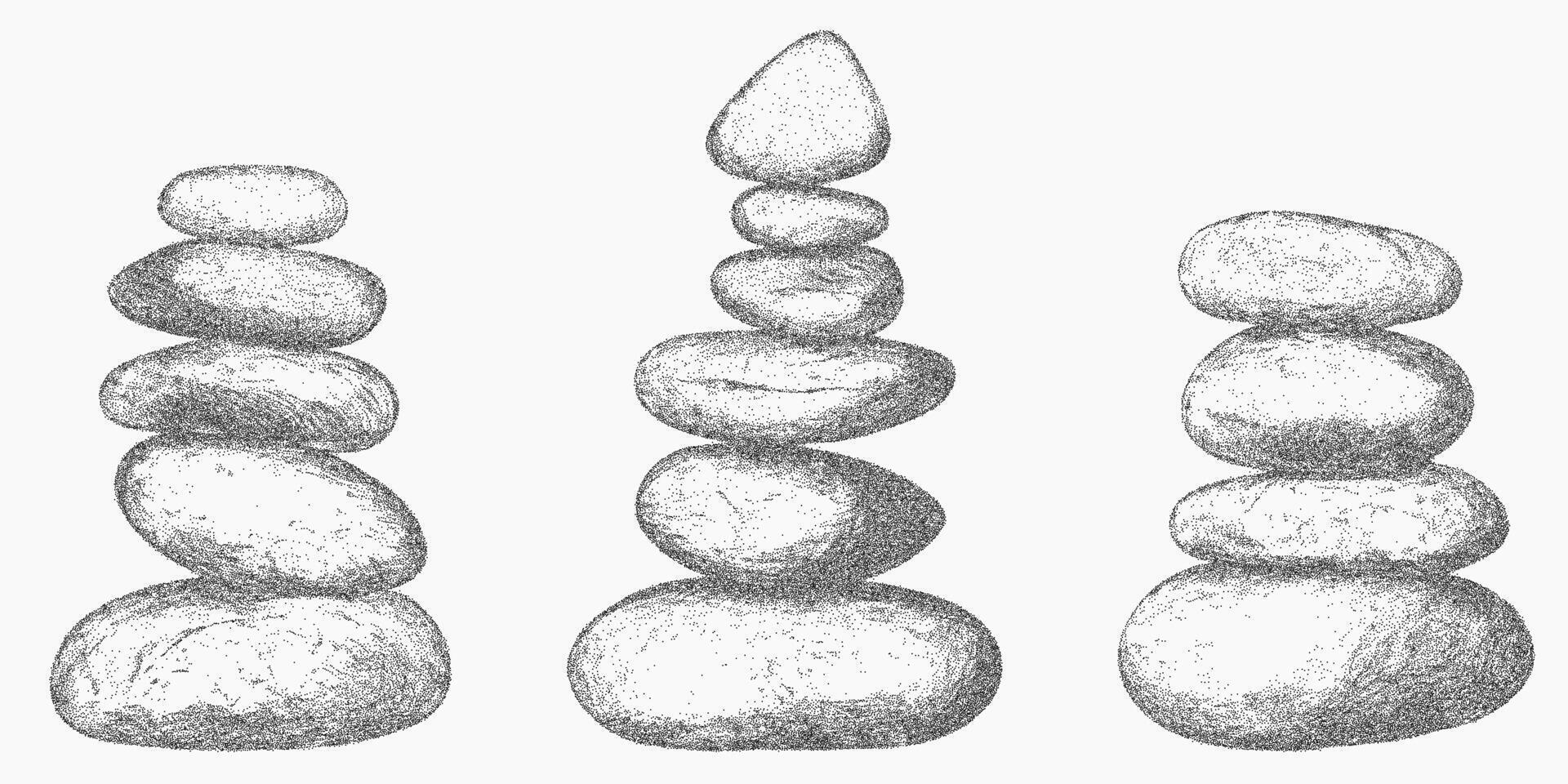 Towers of stones, balance. Faded object with grain texture, stippled surface and paperlike grit. Rough ink edge and threshold marks. vector