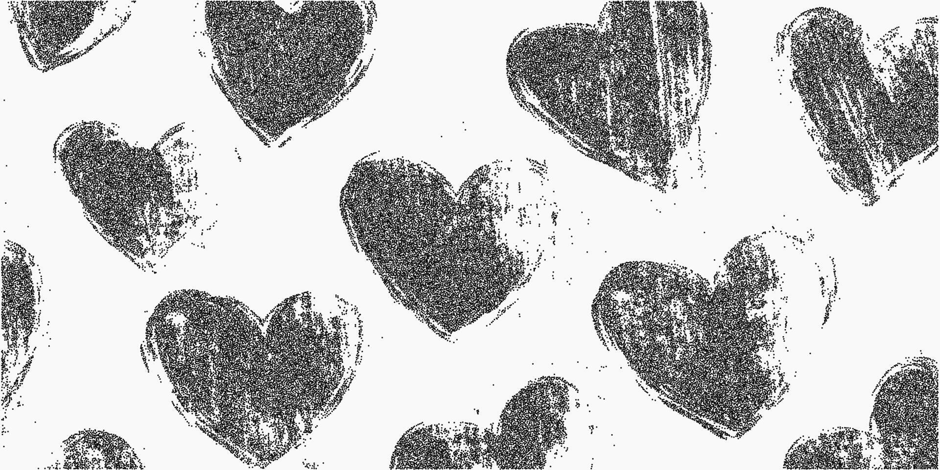 Background with crayon hearts. Gritty shape with threshold grain dry stipple and paper dust. Distressed ink areas and subtle speckled noise blend into the background. vector