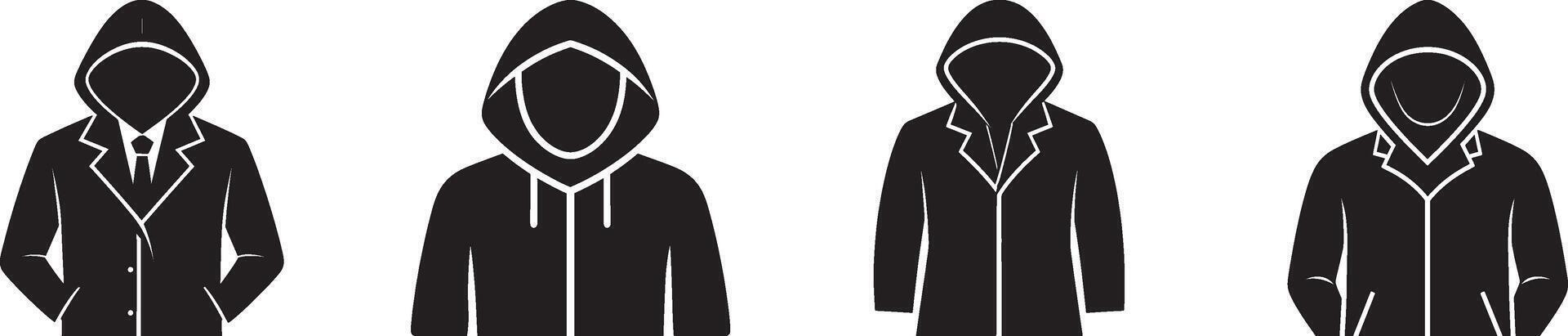 An anonymous person in a hoodie icon set. hacker or criminal silhouette for security concept illustration vector
