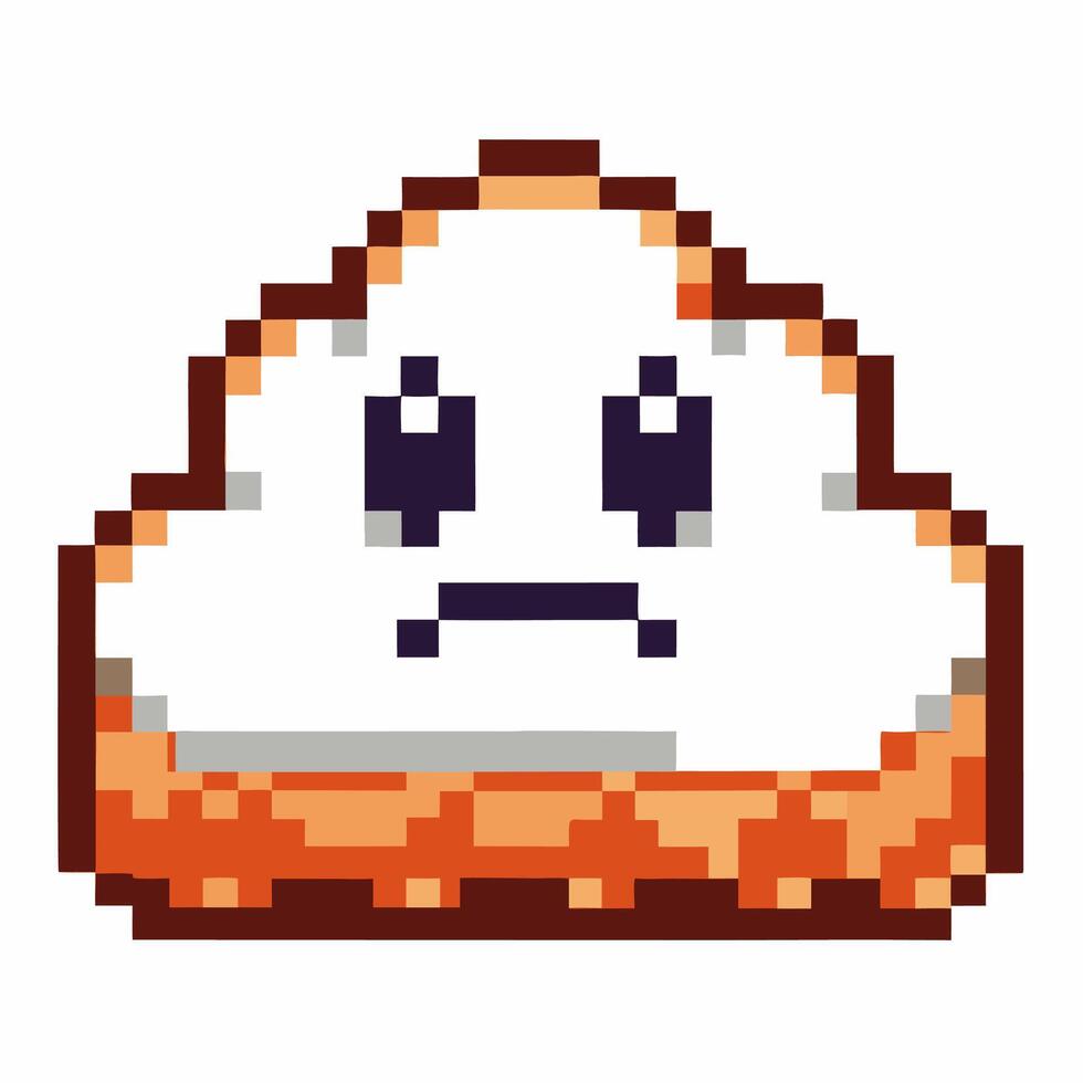 Pixel art sad cloud with neutral face, retro digital game style, isolated white background, orange gradient outline vector