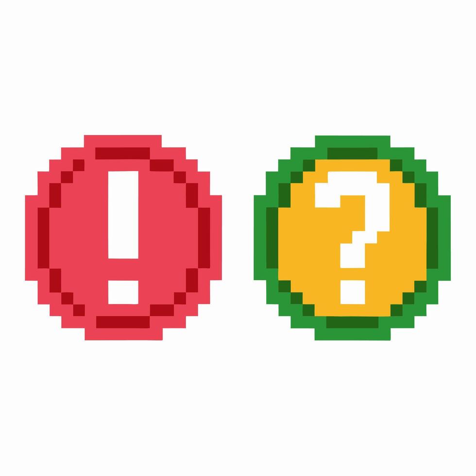 Pixel art red exclamation mark and yellow question mark icons retro game design, warning symbol, alert, information notification vector