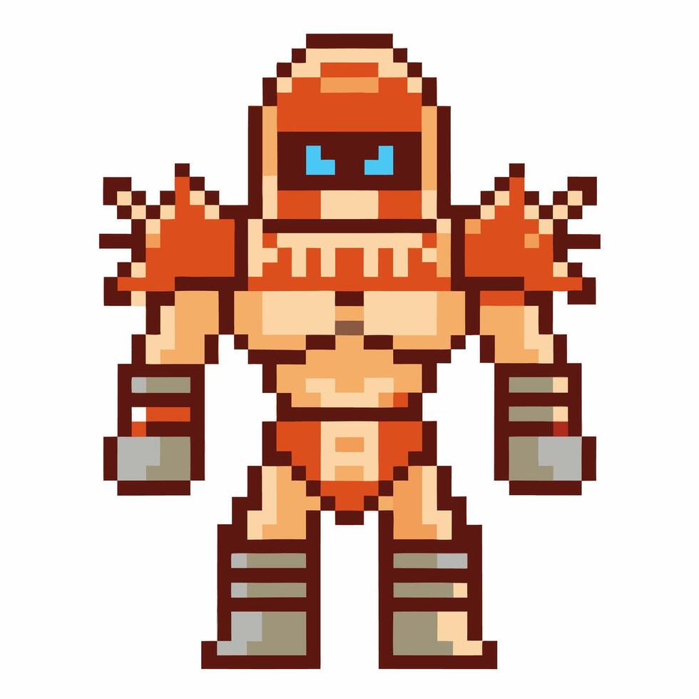 Retro pixel art armored warrior in orange helmet and spiked shoulder pads, standing strong with clenched fists, 8 bit vector