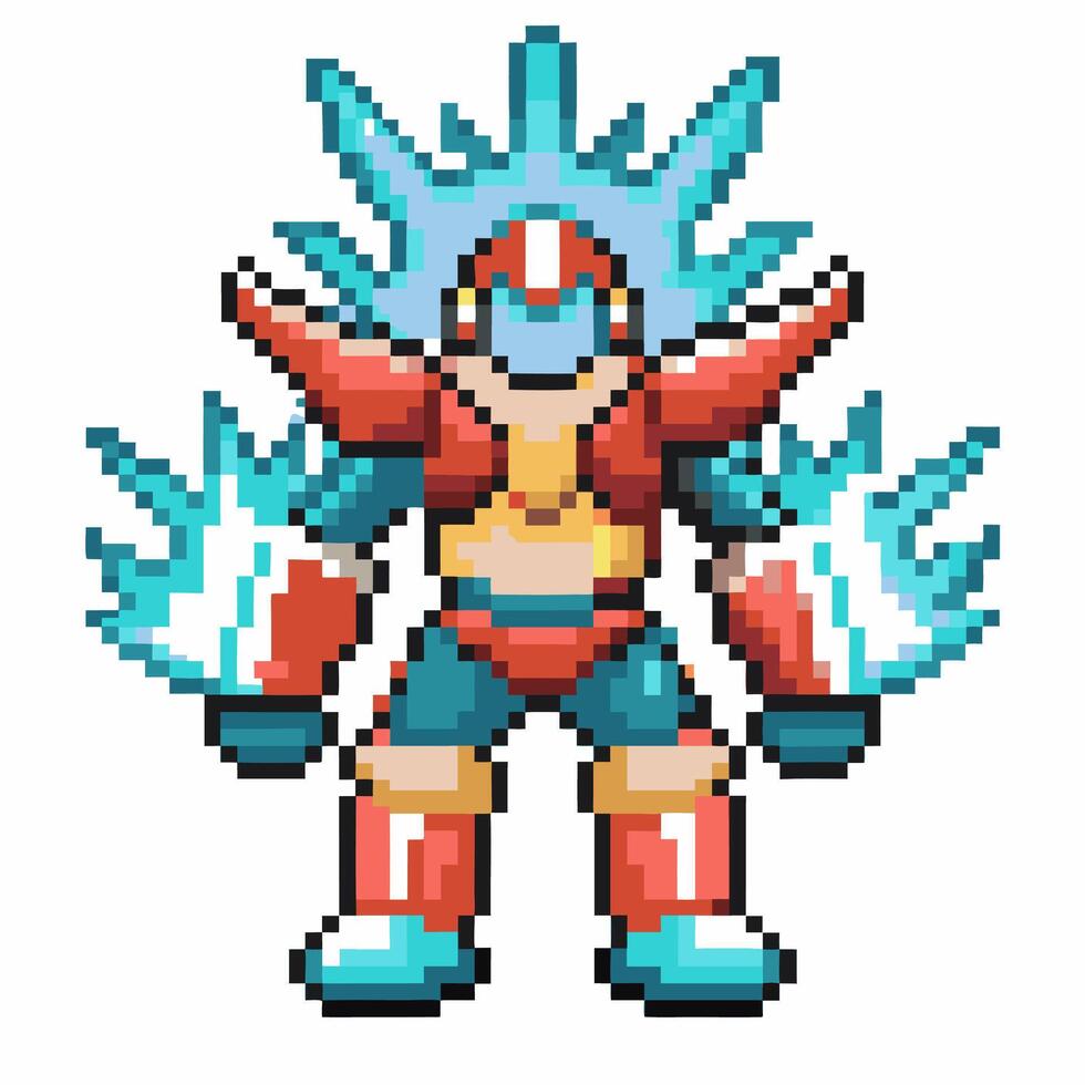 Pixel art futuristic robot warrior with blue energy aura and fiery armor retro game character, power up transformation vector