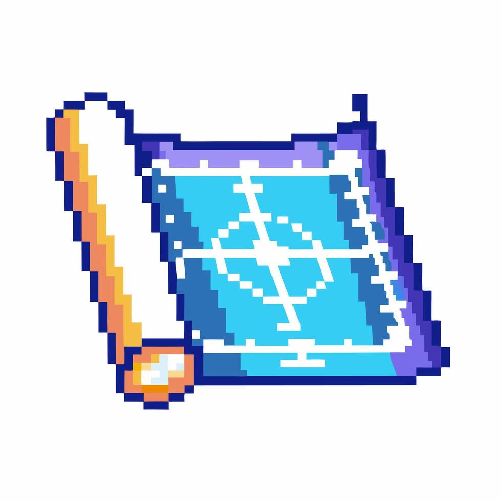 Pixel art rolled blueprint with construction lines retro digital design, draft plan, architecture, engineering concept vector