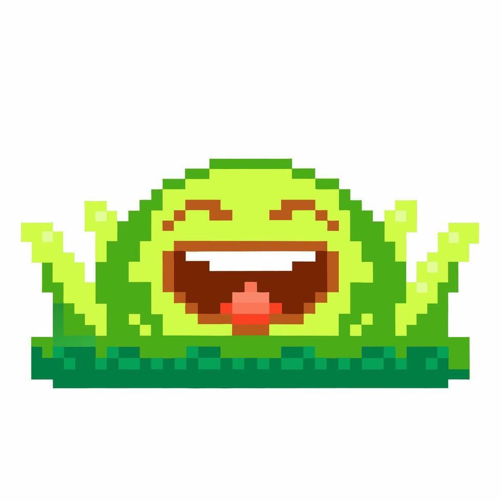 Happy green pixel art slime character with smiling face on grass, playful emoji for game design, 8 bit retro vector