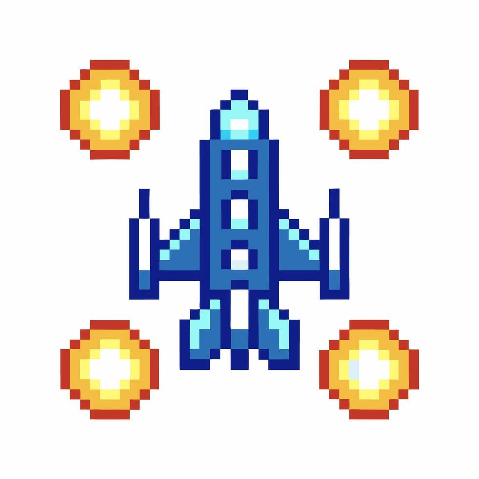 Pixel art spaceship shooting retro arcade game blue rocket with fire blasts, isolated white background, 8 bit vector