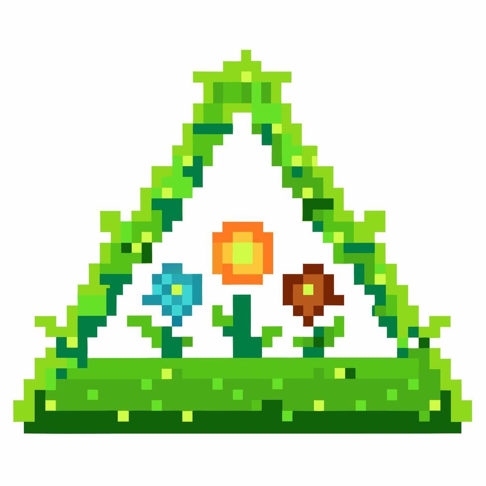 Pixel art triangle frame with green vines enclosing three colorful flowers, symbolizing nature, spring, and growth vector