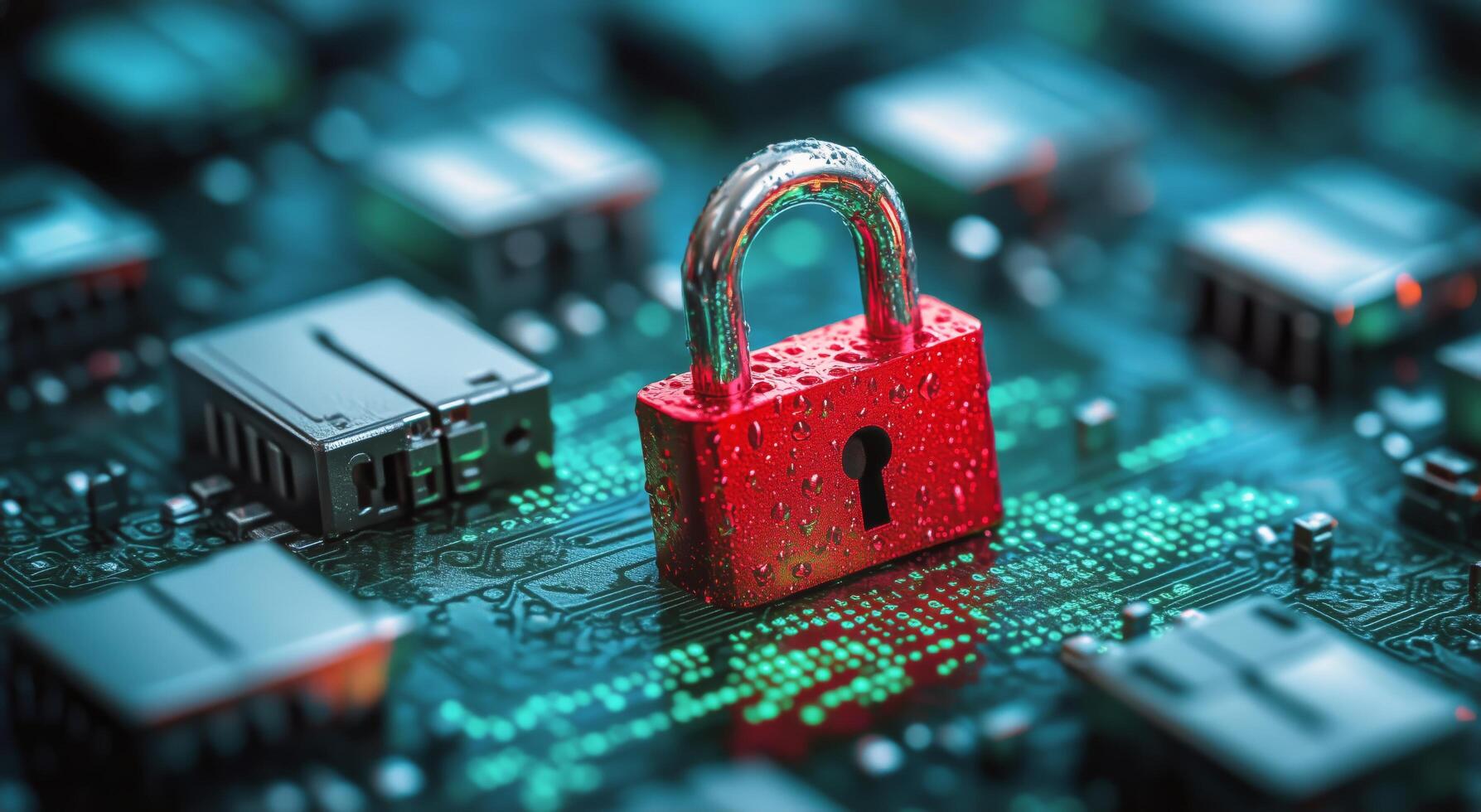Digital Security With a Red Padlock on a Circuit Board Represents Data Protection and Cybersecurity photo