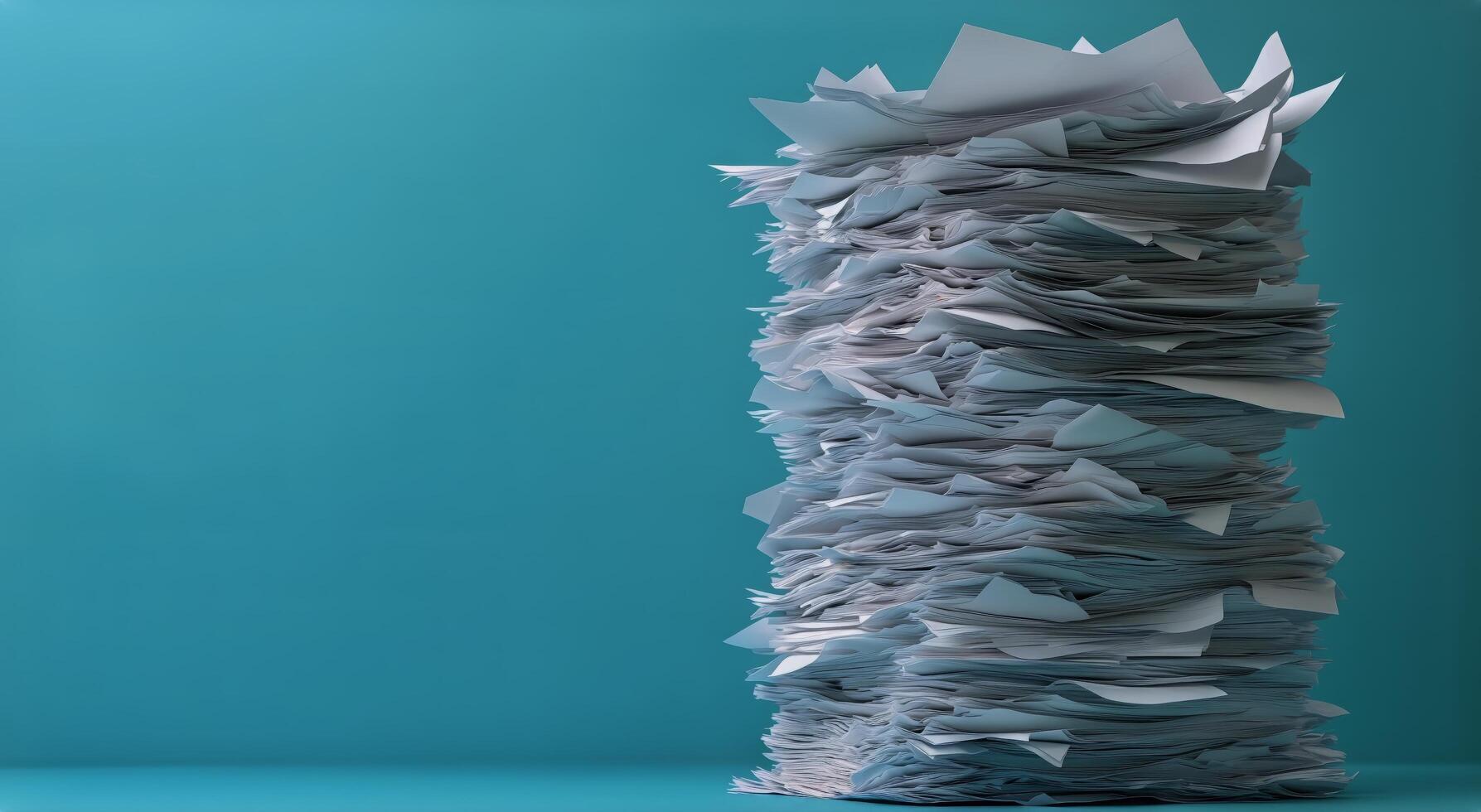 Stack of Disorganized Paper on Blue Background Highlighting Clutter and Disarray in Workspace photo
