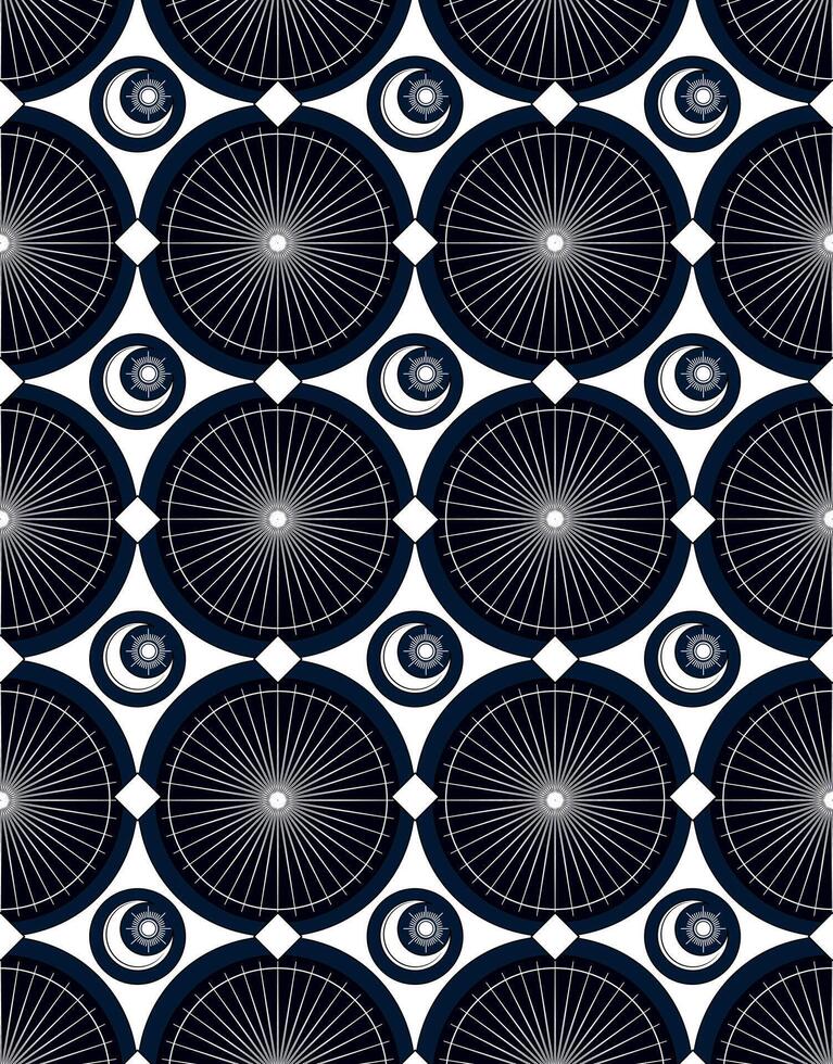 Dark Geometric Circular Pattern with Radiating Lines and Moon Motifs vector