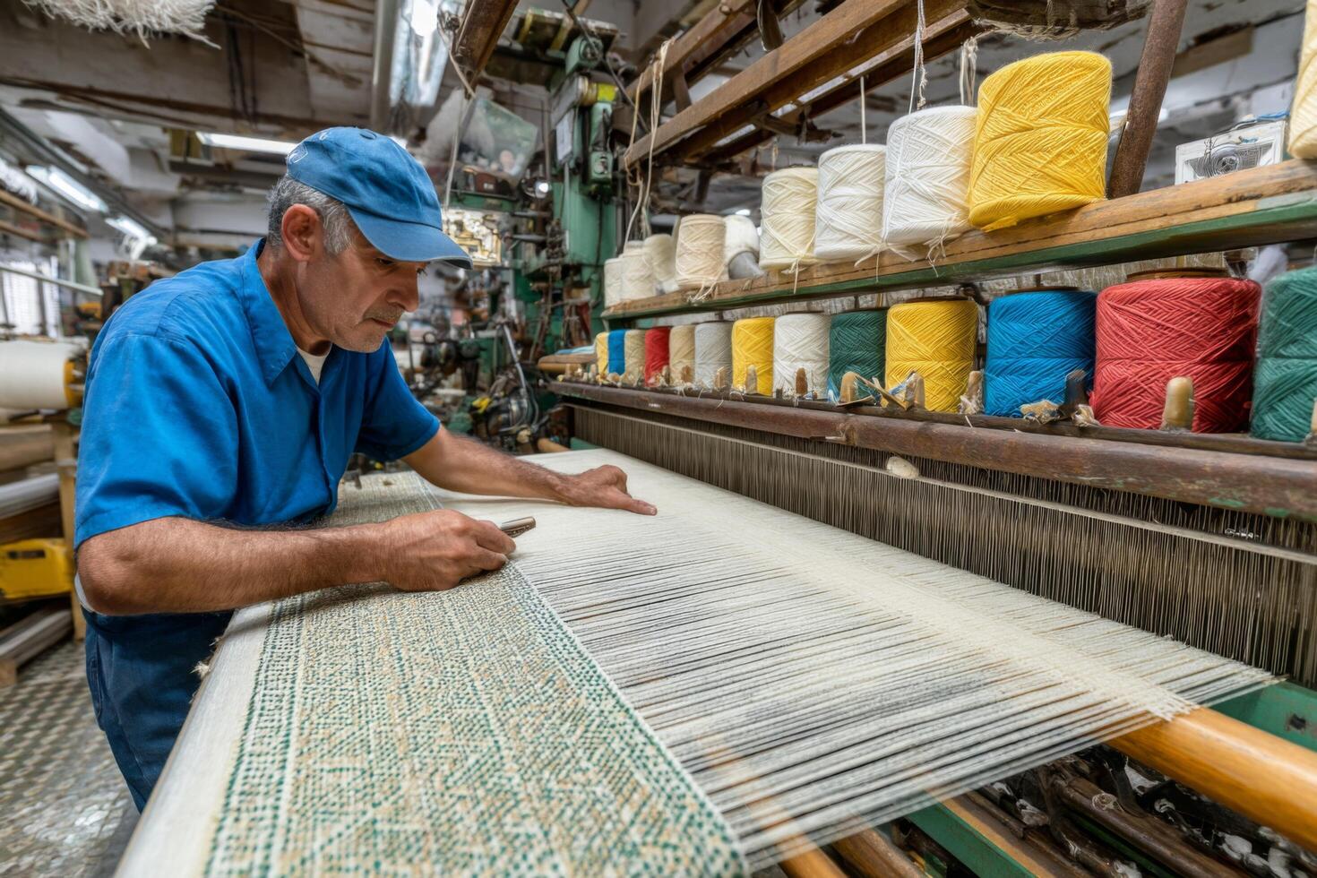 A man working on a loom in a factory photo