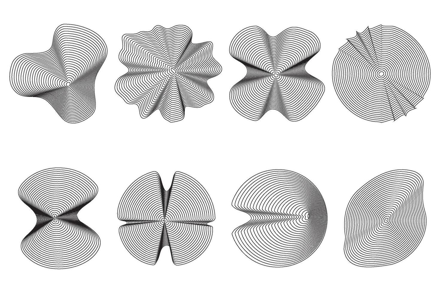 Topography abstract shapes with organic wavy line pattern. Tree ring circular annual circles. Ripple geometric sound graphic. Simple dynamic contour illustrations on white background vector