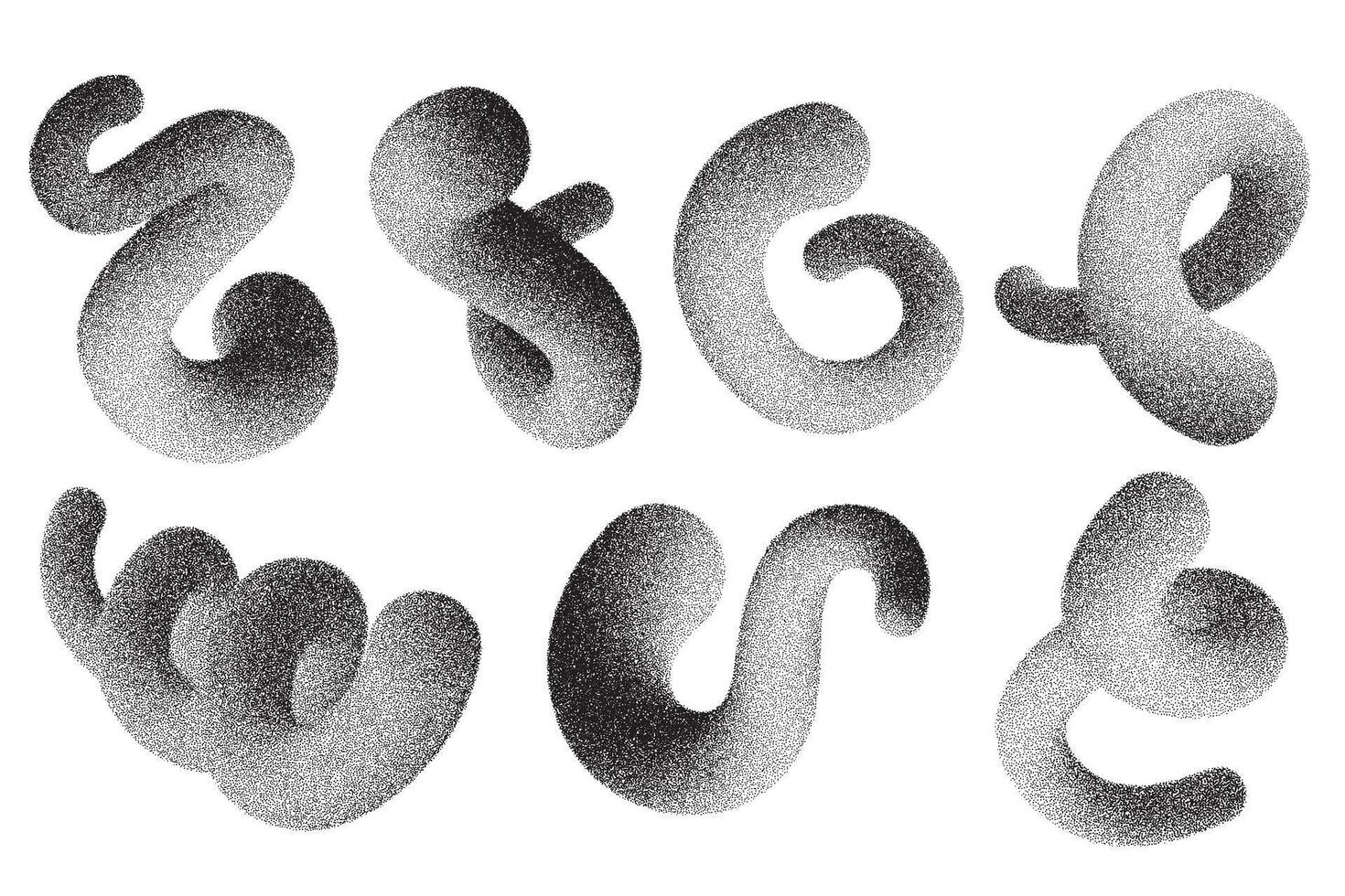 Abstract line shapes on white background. 3D wavy elements with noisy fluid effect. Grainy spirals with gradient stipple sand texture. Trendy twisted dynamic grunge objects. vector