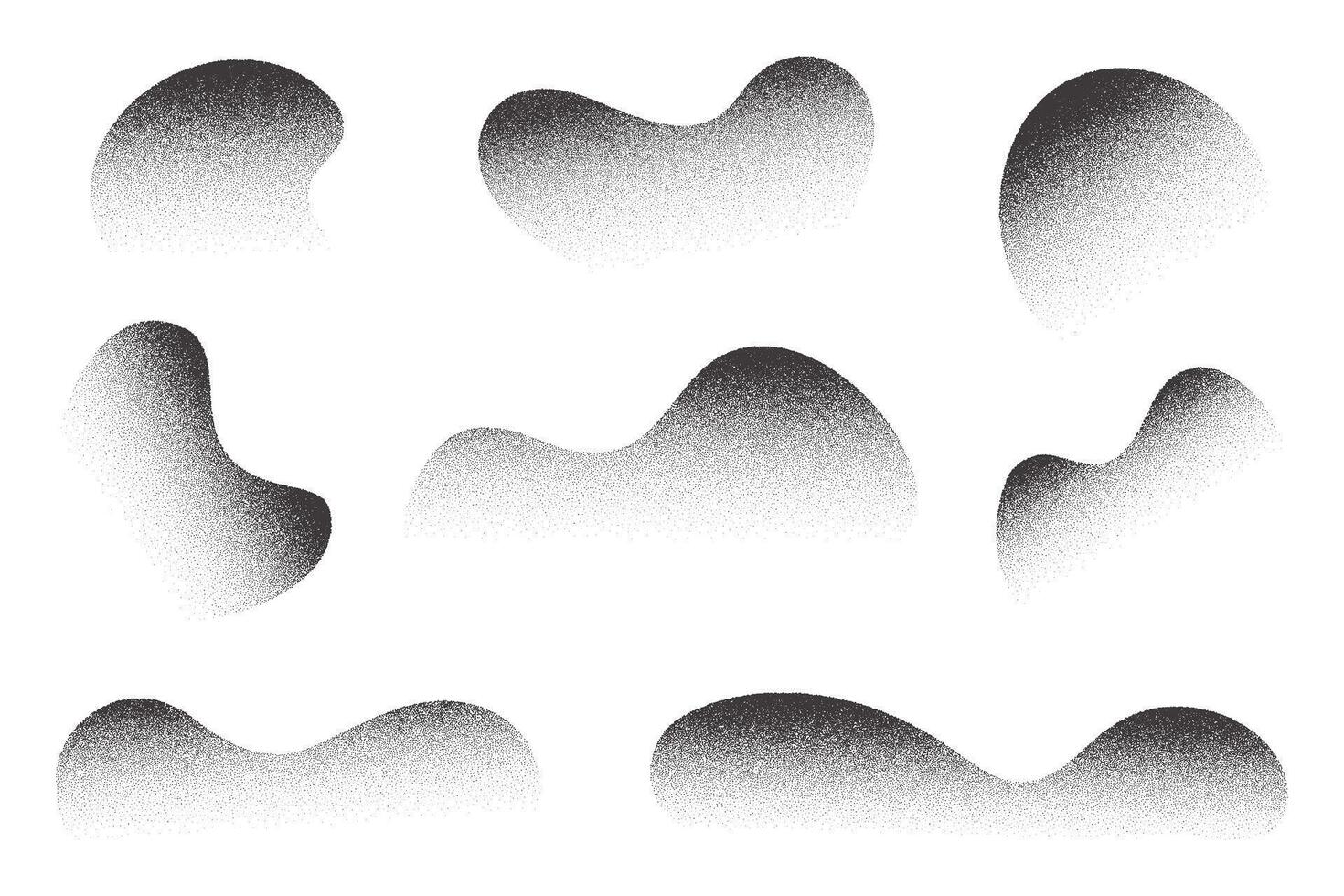 Abstract wavy shapes with grainy dotted shadow. Stipple fluid blobs with sandy gradient. Grunge halftone liquid elements on white background. vector