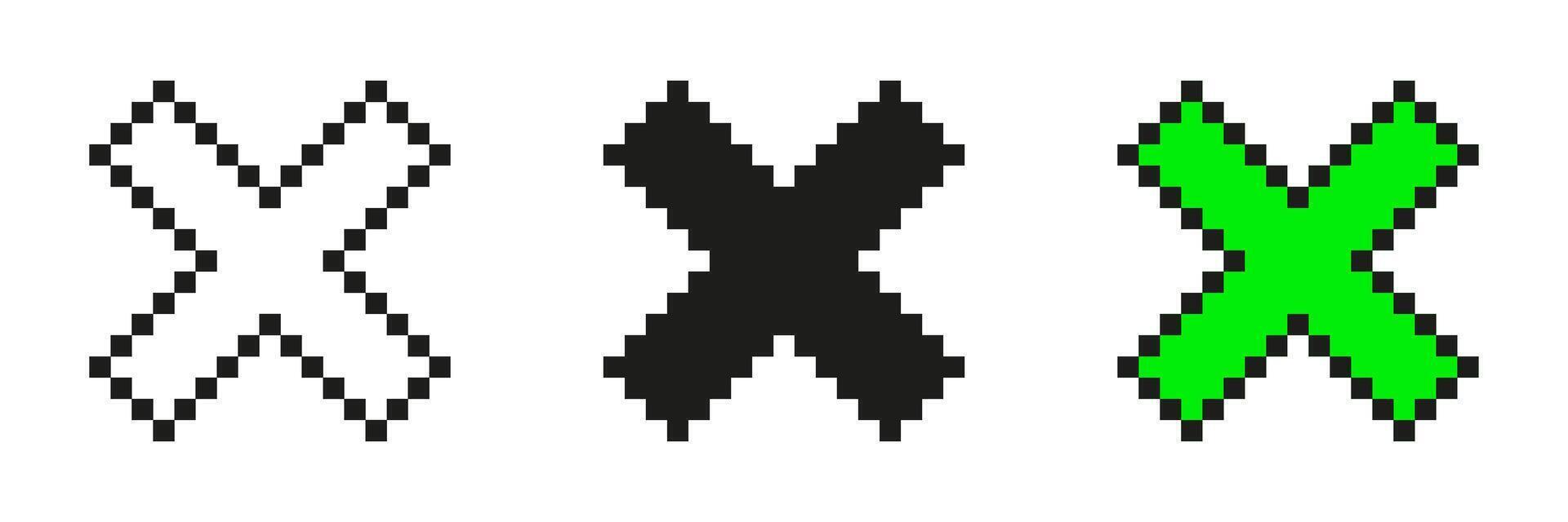 Pixel Art X Icons Set. Retro Style Cross Symbols Collection. White, Black, And Green Variations For Error, Close, Or Cancel Functions. Isolated Illustration vector
