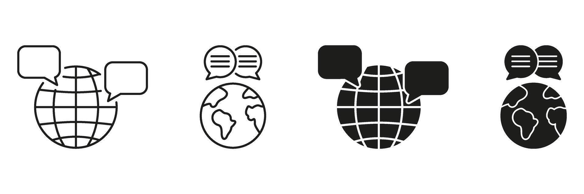 Globe With Speech Bubbles Line And Solid Icon Set. Global Communication, International Dialogue, And Worldwide Networking Symbol Collection. Language Exchange. Isolated Illustration vector
