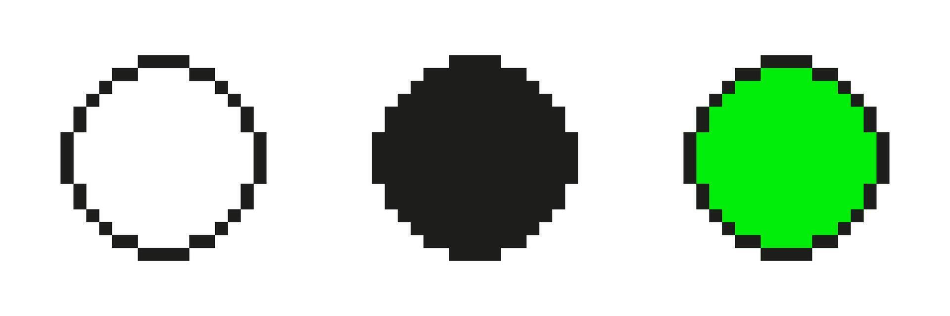 Three Pixel Art Circles Icon Set. Minimalist Design With White, Black, And Green Circles. Retro Style Graphics For Digital Art Projects. Isolated Illustration vector