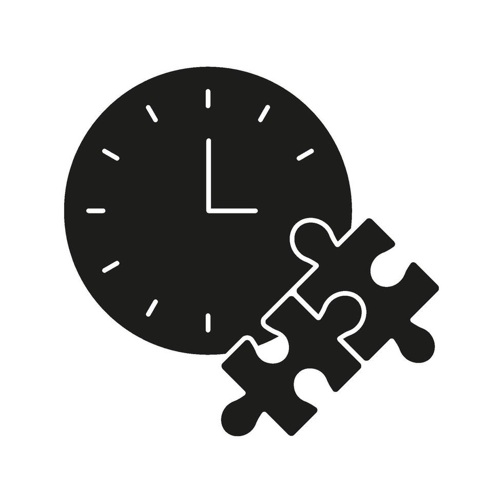 Clock With Puzzle Pieces Solid Icon. Time Management, Problem Solving, And Strategic Planning Silhouette Symbol. Efficiency And Organization. Isolated Illustration vector