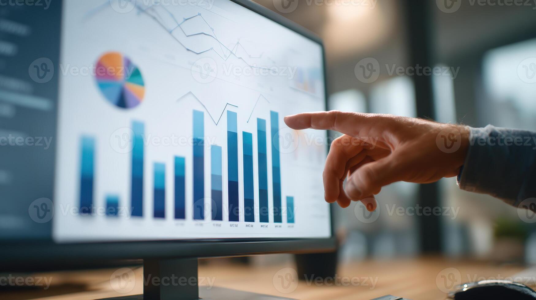 First-Person View of Hands Pointing at Bar Chart on Computer Screen photo