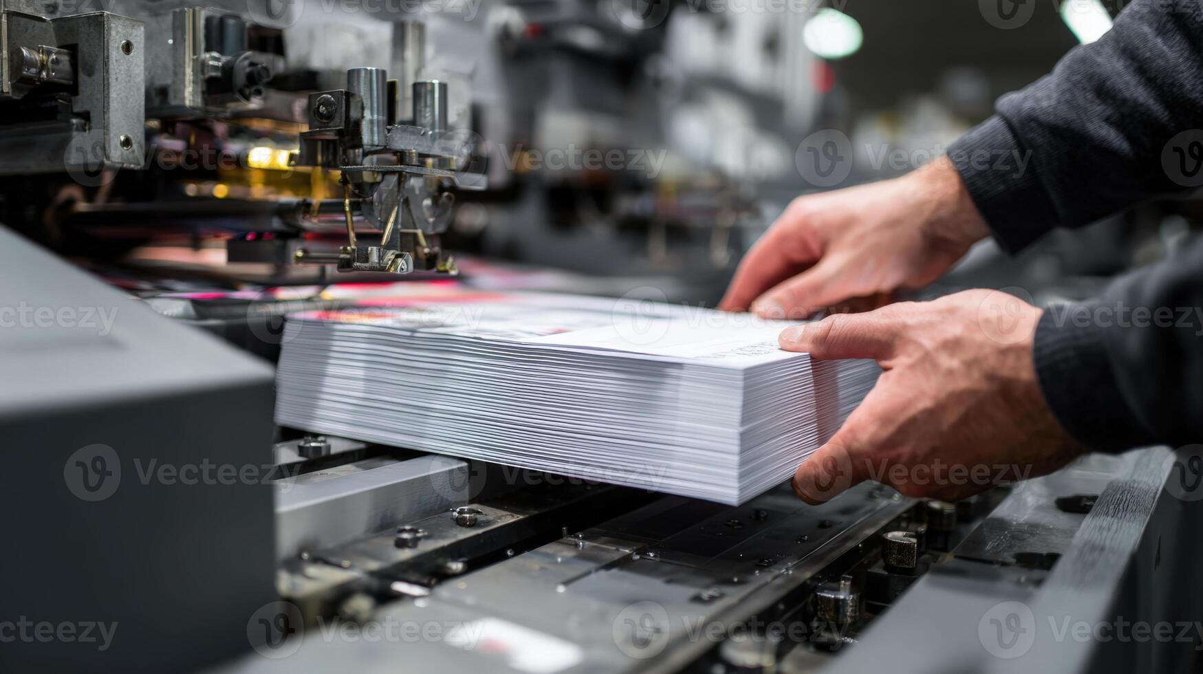 First-Person View of Loading Paper into Offset Printing Machine with Mechanical Parts photo