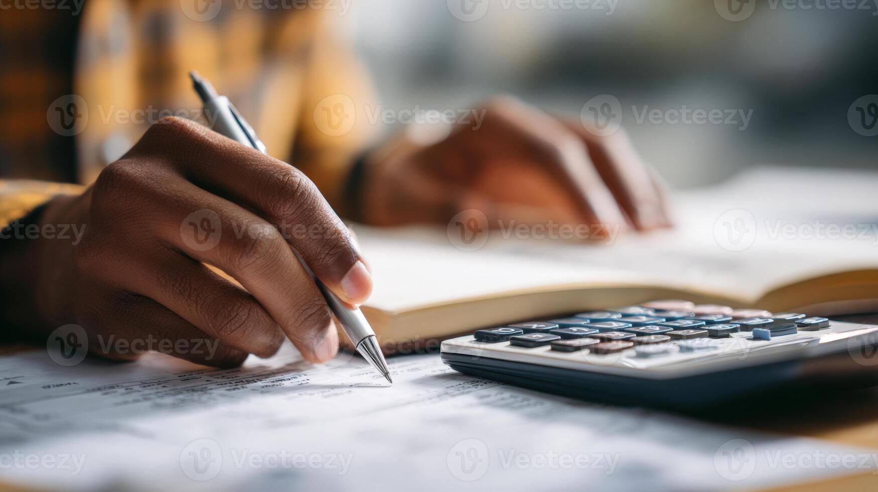 First-Person View of Hands Calculating Finances with Ledger and Notes photo