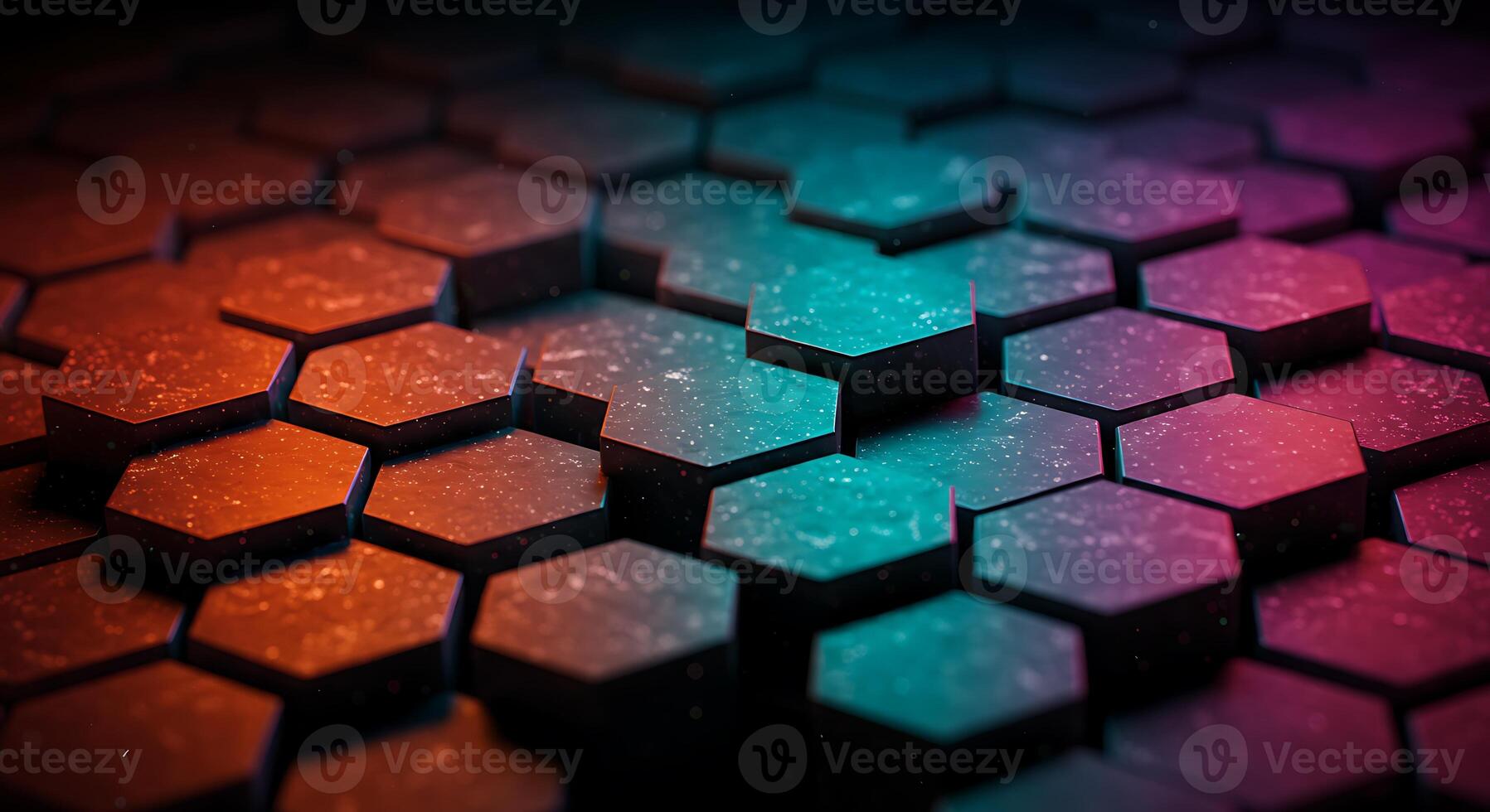 Colorful Hexagonal Pattern with Neon Lights and Sparkles in Dark Background photo