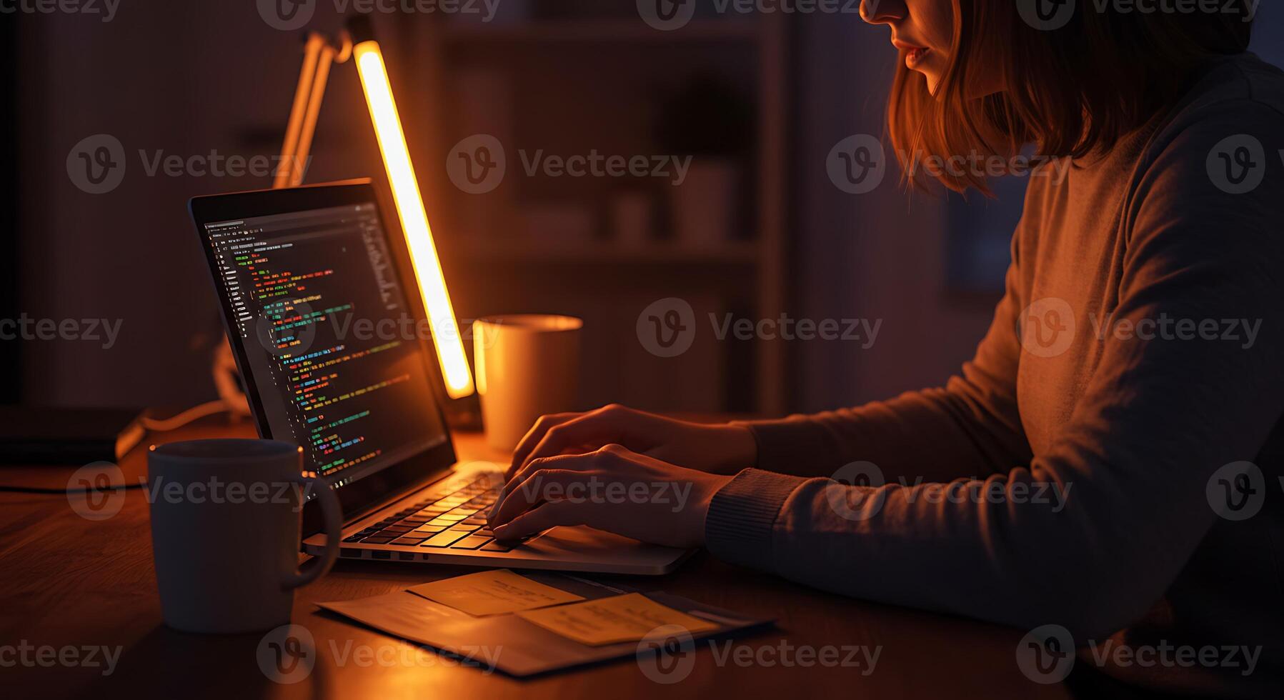 Female Programmer Working on Laptop with Code in Dimly Lit Room photo