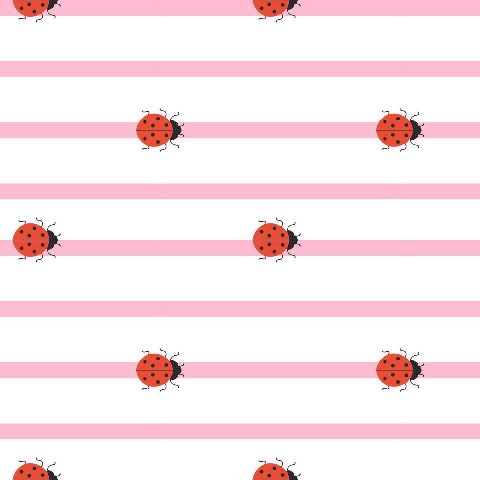 Seamless pattern with cute ladybugs on striped background. Minimal flat insect design for baby textiles, spring wrapping paper, and kids projects. vector