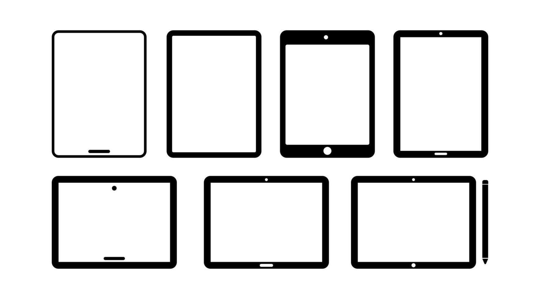 Tablet Icon Set Editable Collection of Flat Design, Black Digital Tablets in Multiple Angles Including Stylus for Tech UI, Mobile App. vector