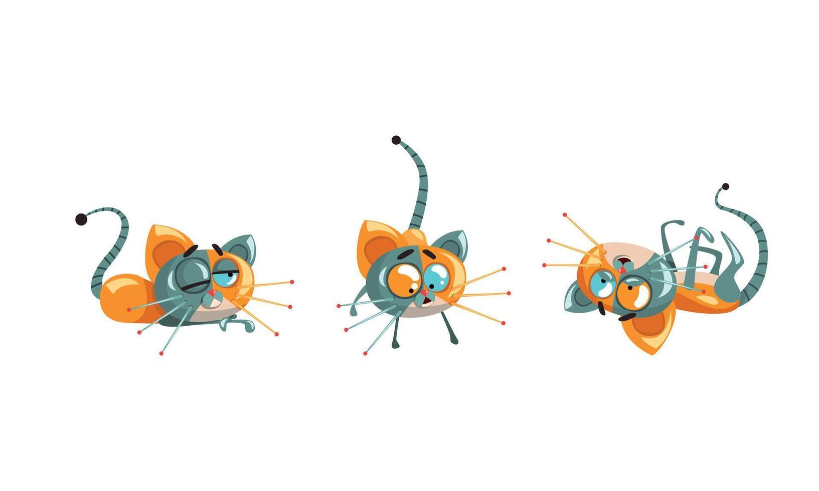 Cute Robotic Cat with Metal Tail and Whiskers Lying and Rolling Set vector