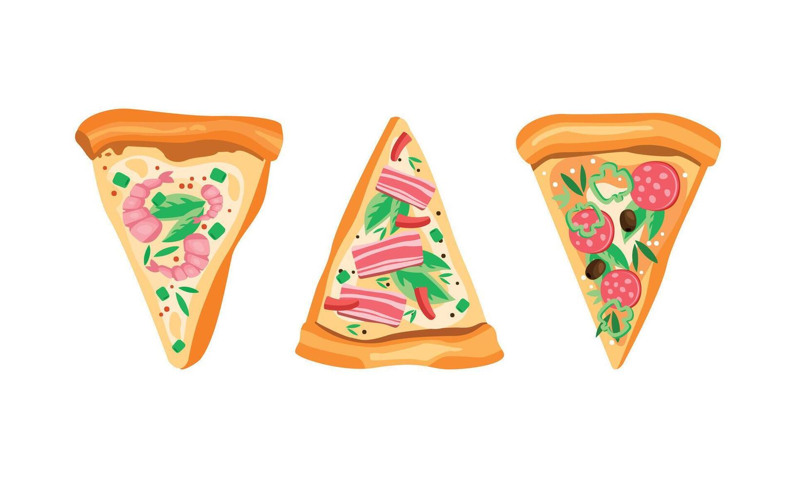 Slices of Appetizing Pizza with Bacon, Potherb and Shrimps Above View Set vector