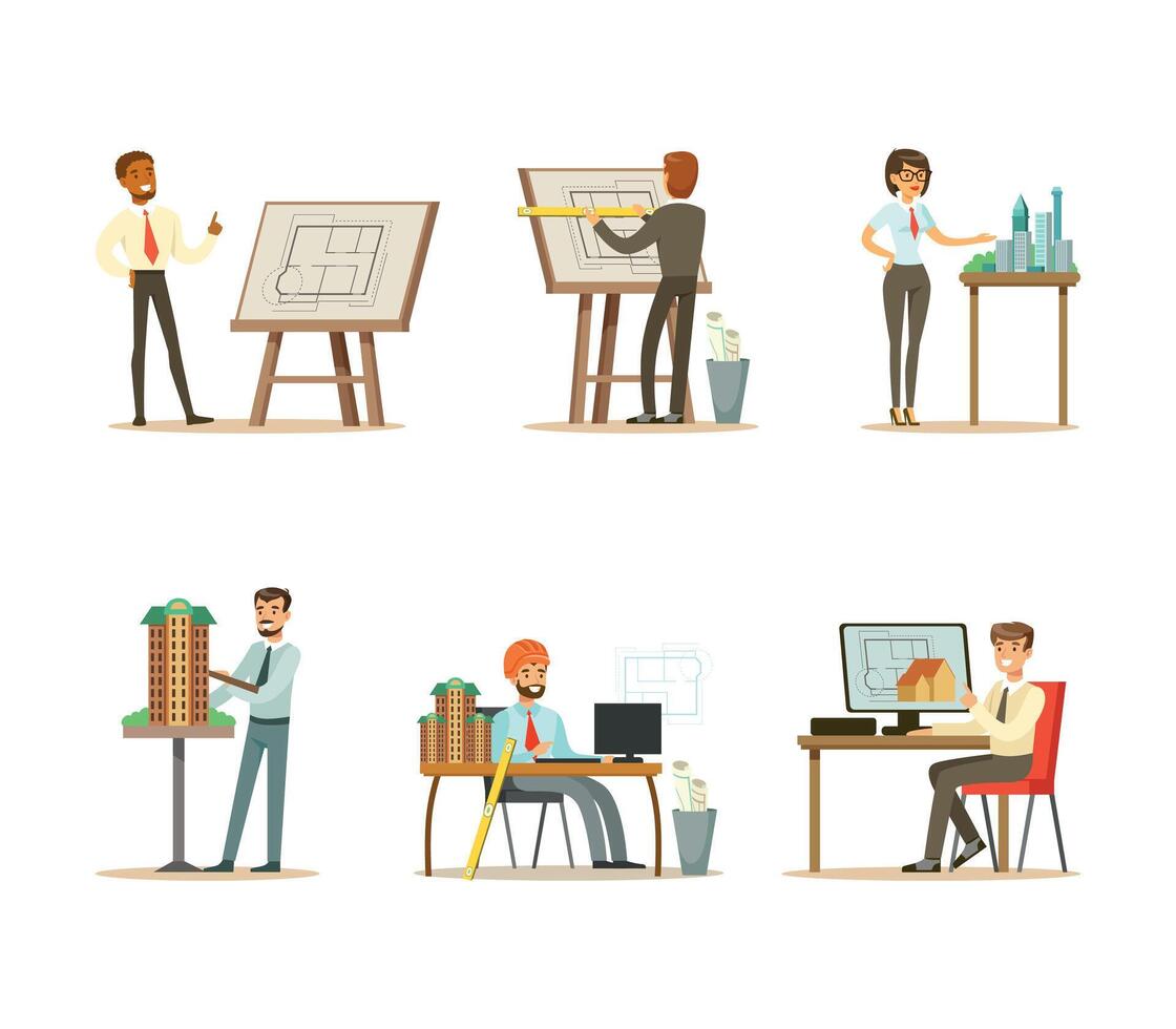 Architects Working on Architectural Plans Set, Construction Engineers Creating Projects Cartoon Illustration vector