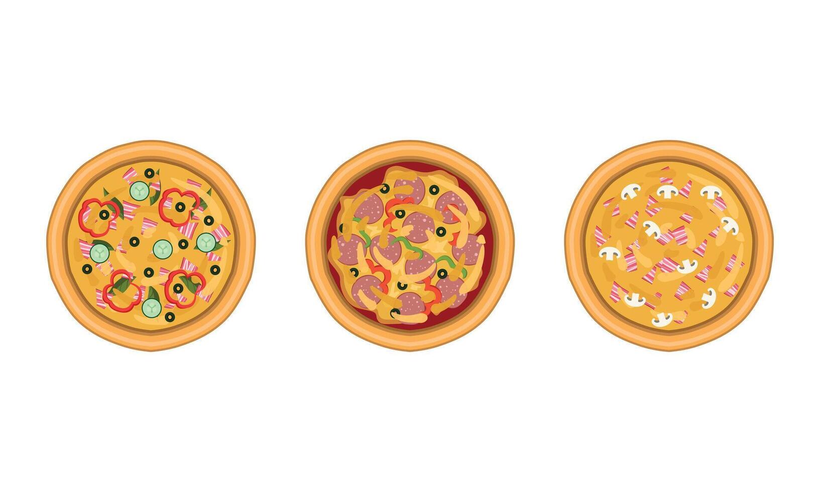 Pizza as Savory Italian Dish with Round Flattened Dough Topped with Sliced Wurst and Bacon Above View Set vector