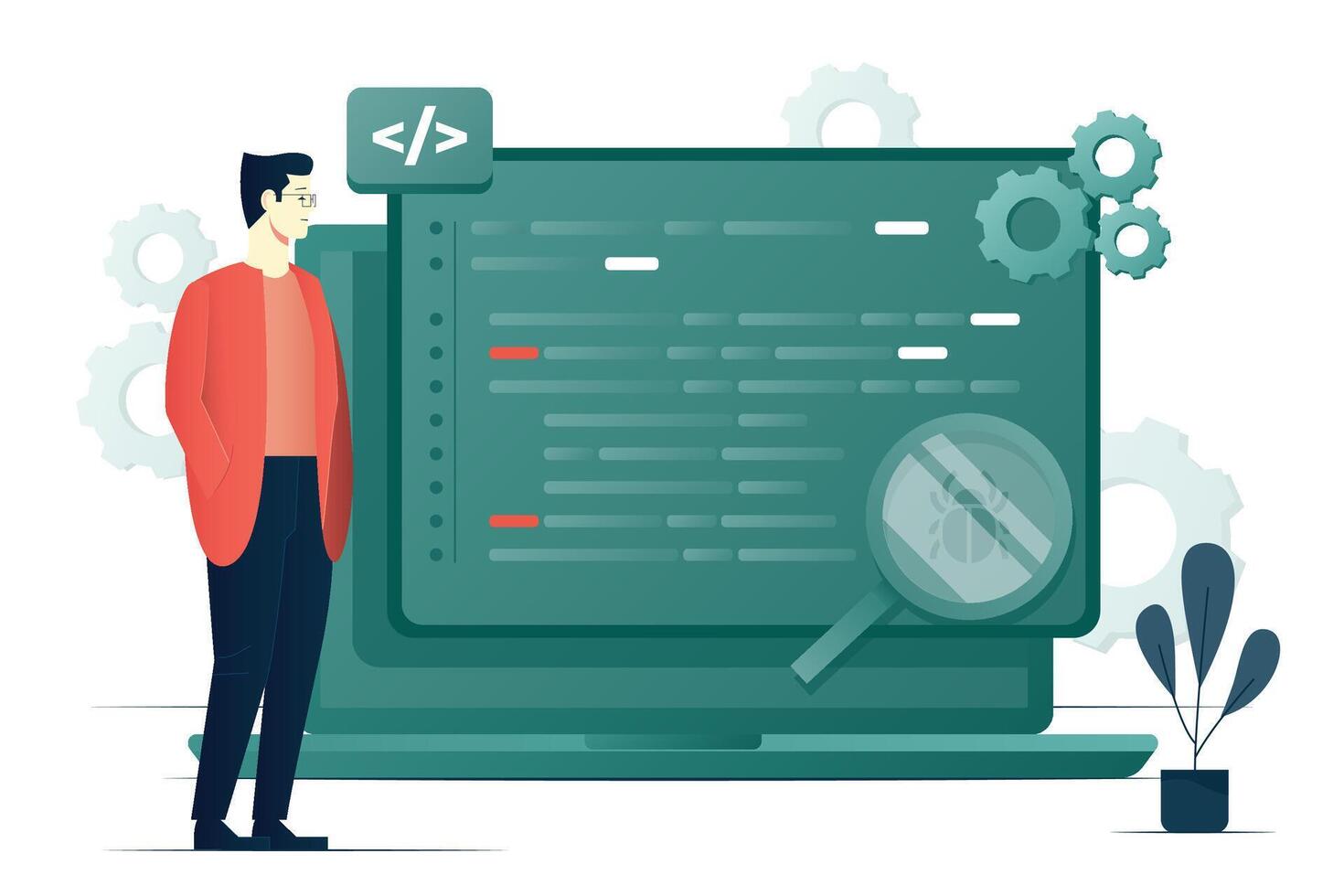 Person analyzing code on a computer vector