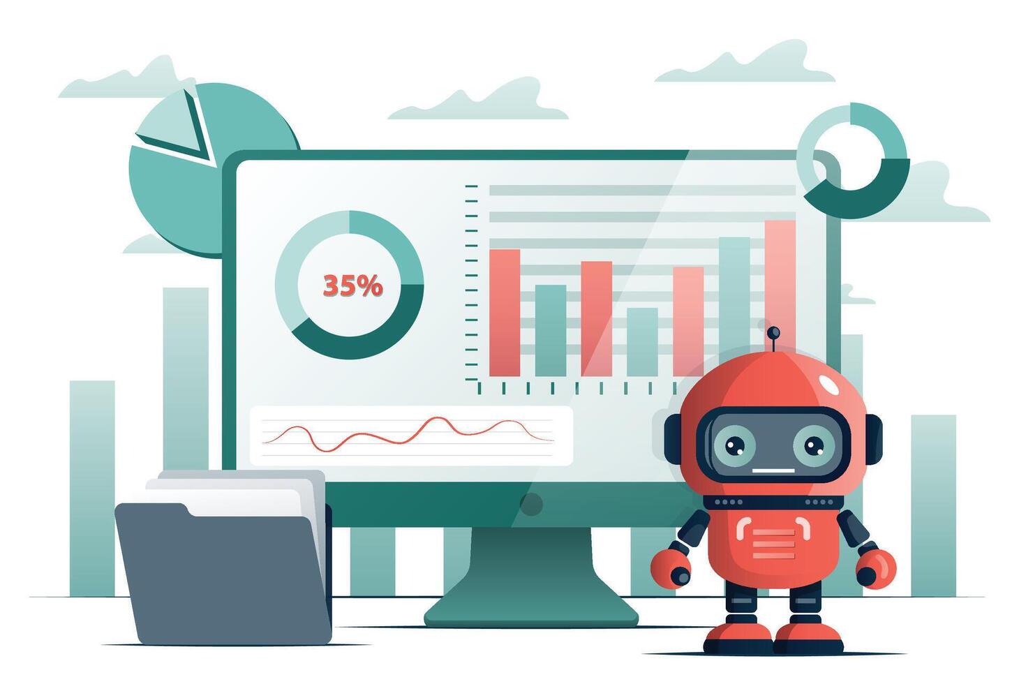 Robot analyzing data on screen vector