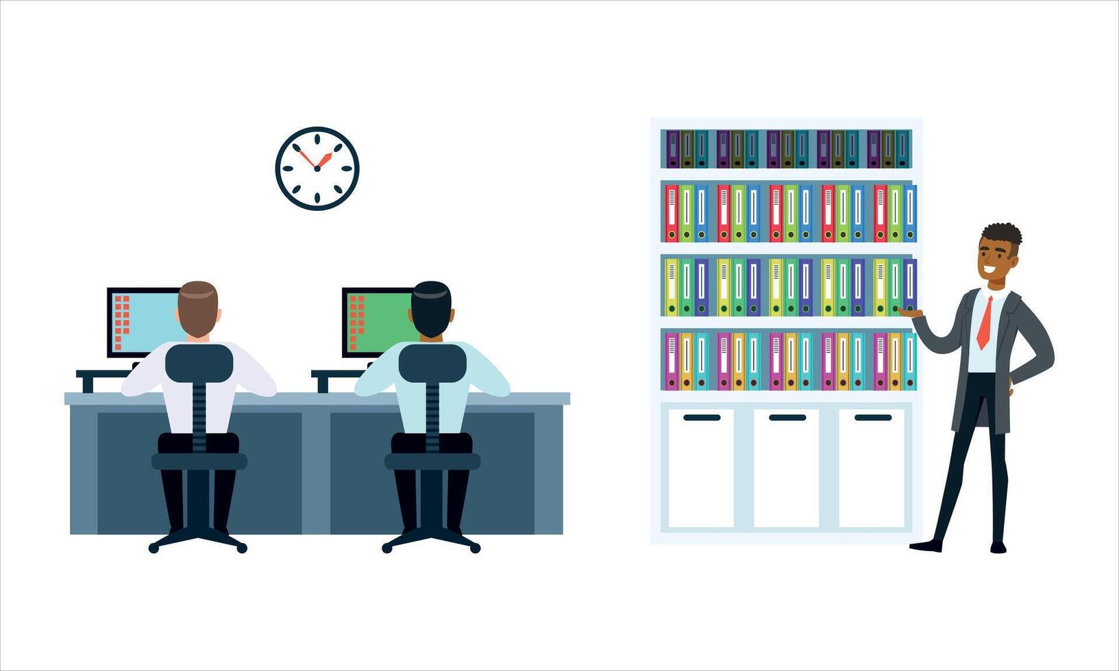 Workers in an office setting with files. vector