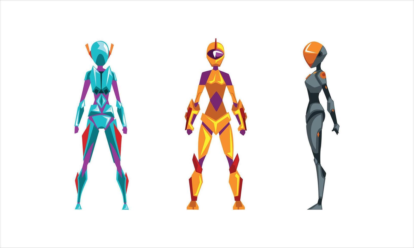 Female Robots Set, Side, Front and Back View of Cyborg Characters in Various Poses, Artificial Intelligence Concept Cartoon Illustration vector