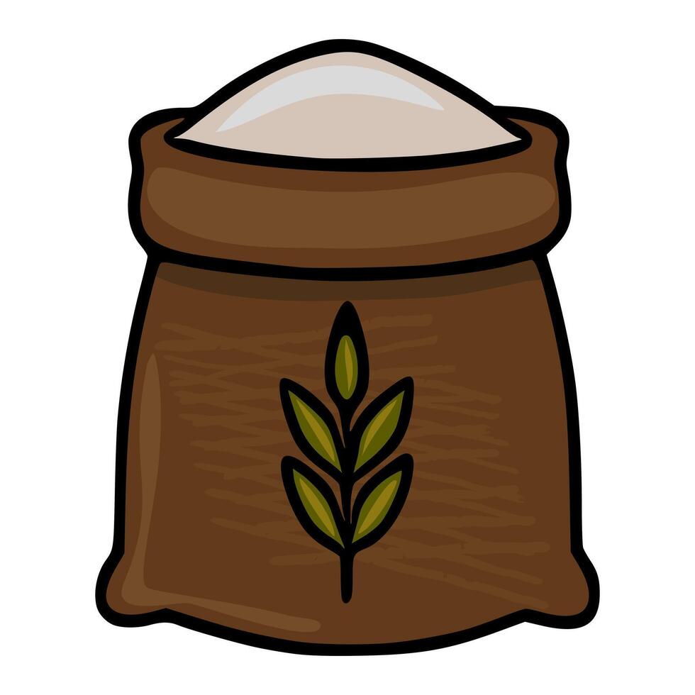 A illustration of a brown burlap sack filled with flour, featuring a stylized wheat sprig emblem, presented in a hand-drawn style with a textured effect. vector