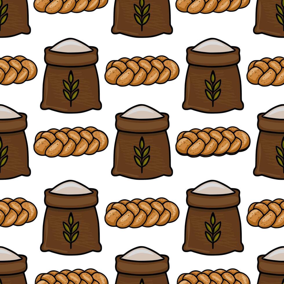 Seamless pattern featuring hand-drawn illustrations of braided challah bread and sacks of flour, creating a rustic and appetizing bakery design. vector