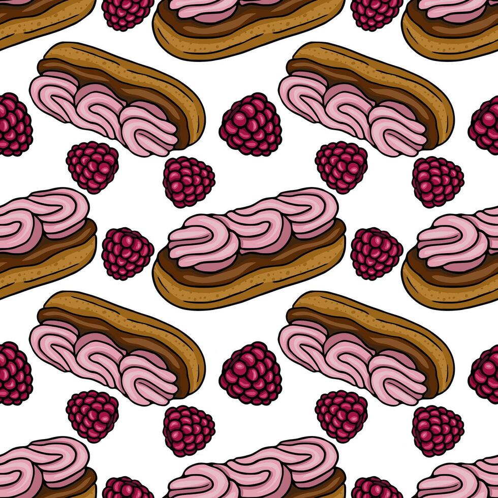 Seamless pattern of delicious eclairs with pink cream and scattered raspberries, featuring a hand-drawn style with a playful, appetizing aesthetic. vector