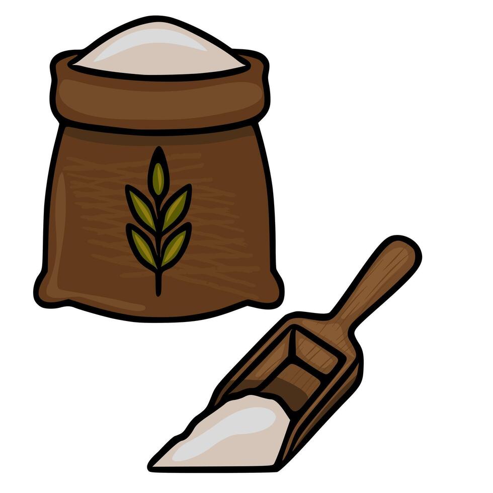 A charming illustration of a brown burlap sack filled with flour, accompanied by a wooden scoop, showcasing a rustic and simplistic style. vector