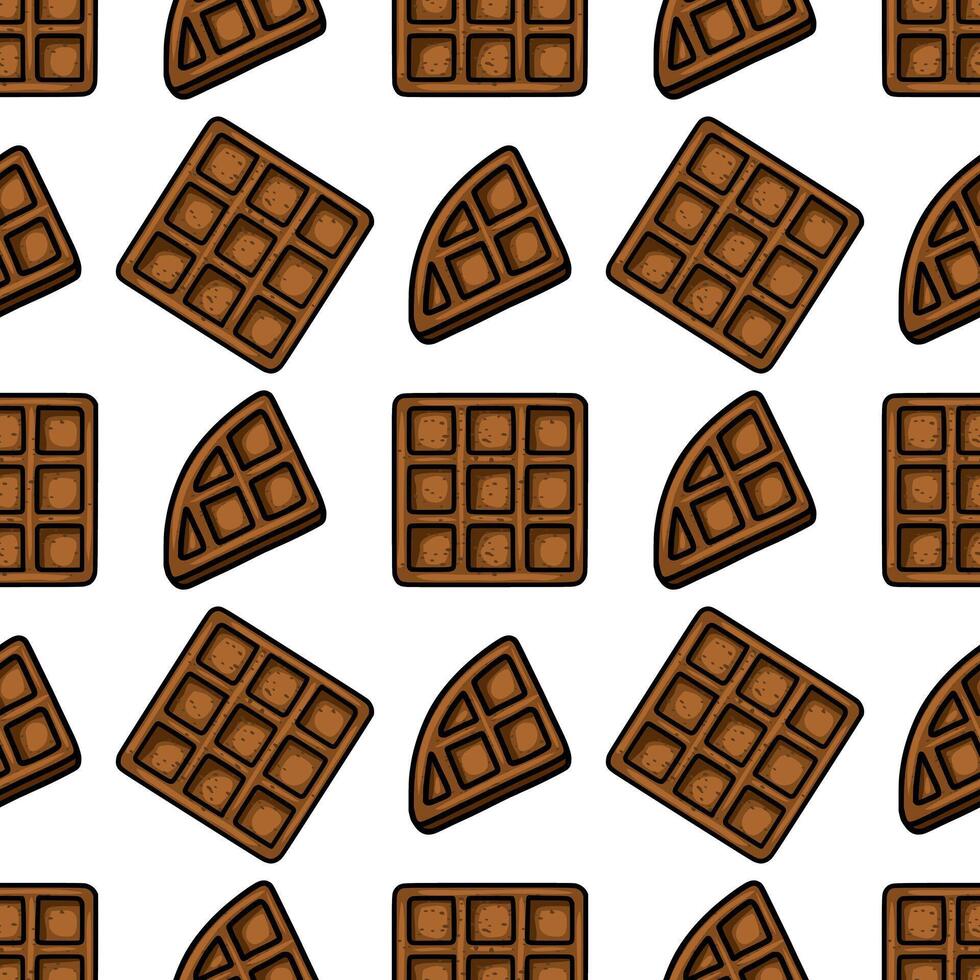 Seamless pattern of brown waffles, featuring whole squares and quarter slices, creating a delicious and playful design. vector