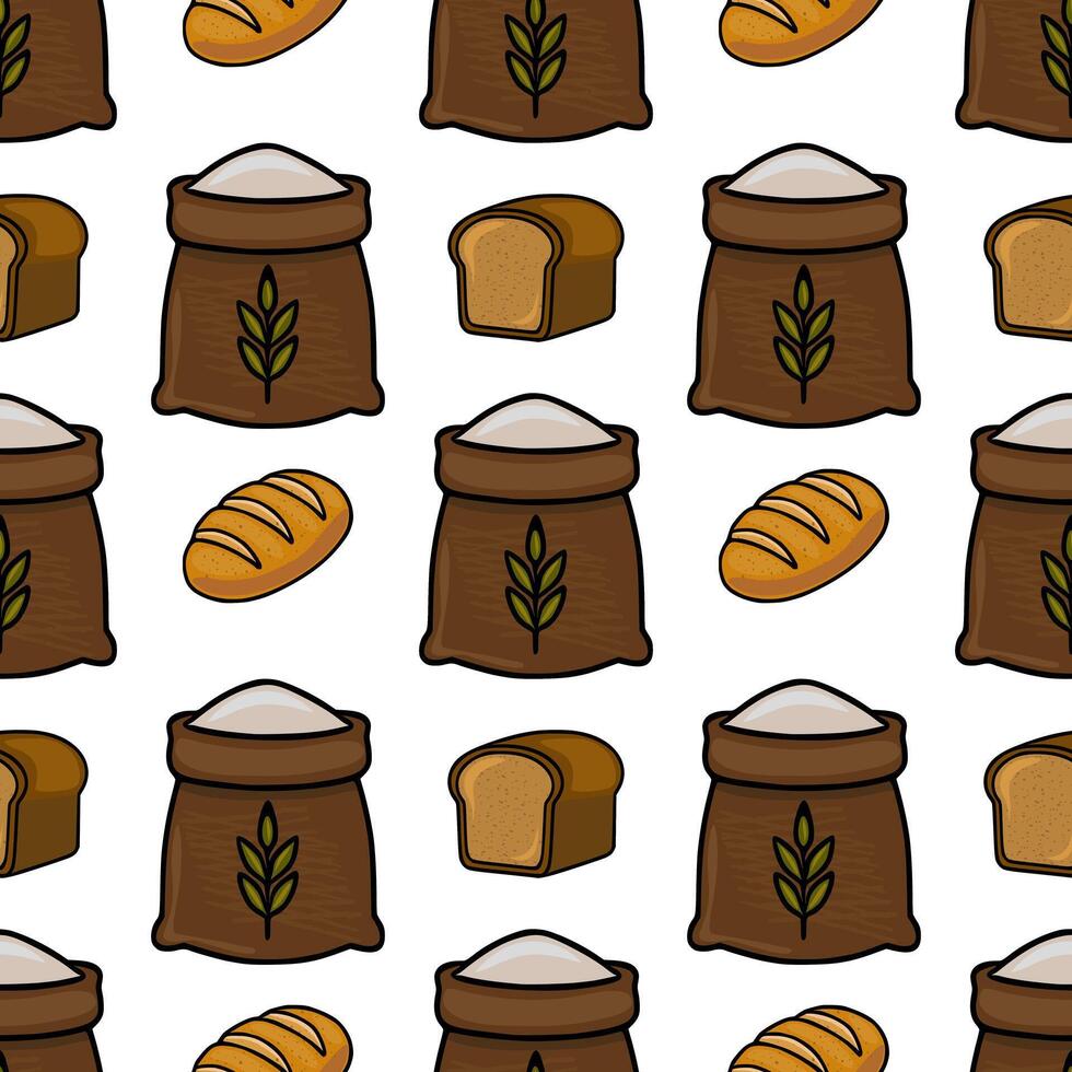Seamless pattern featuring hand-drawn illustrations of brown flour sacks with wheat symbols, loaves of bread, and piles of flour, creating a rustic and appetizing bakery design. vector