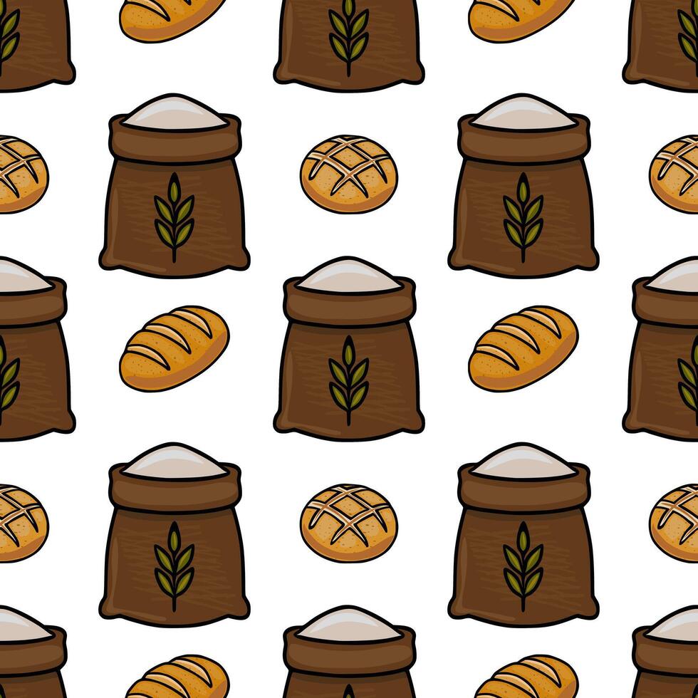 Seamless pattern featuring hand-drawn illustrations of brown burlap sacks of flour, loaves of bread, and round bread rolls, creating a rustic and appetizing bakery theme. vector