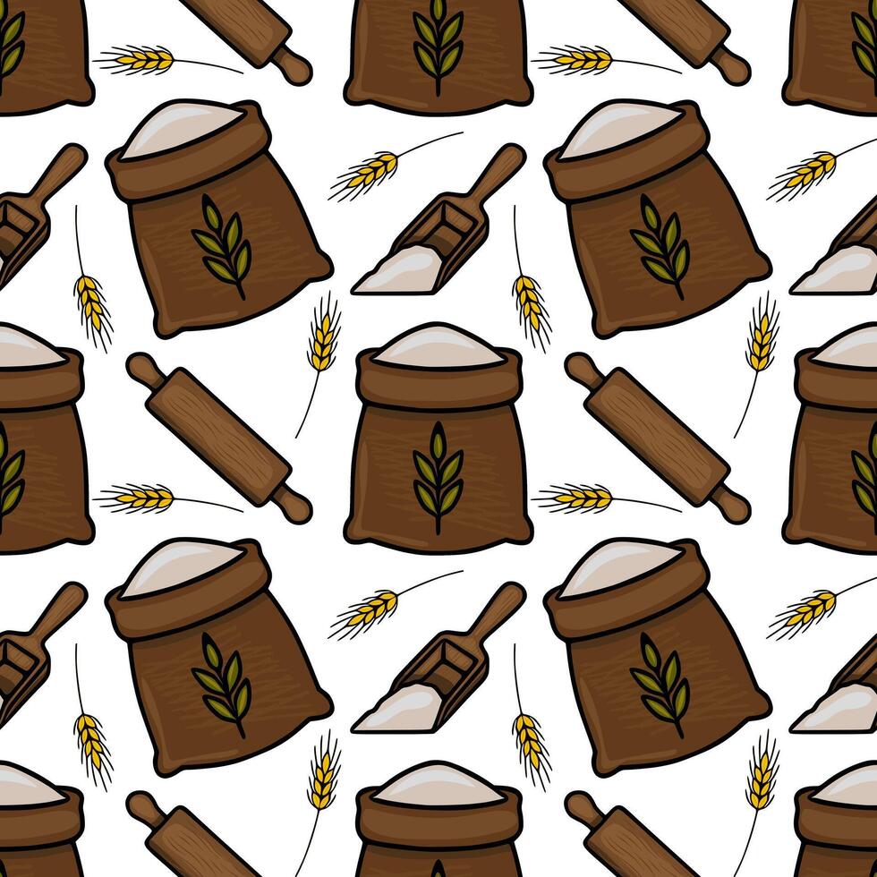 Seamless pattern of hand-drawn bakery elements flour sacks, rolling pin, scoop, and wheat ears, creating a rustic and charming design ideal for kitchen textiles or food packaging. vector