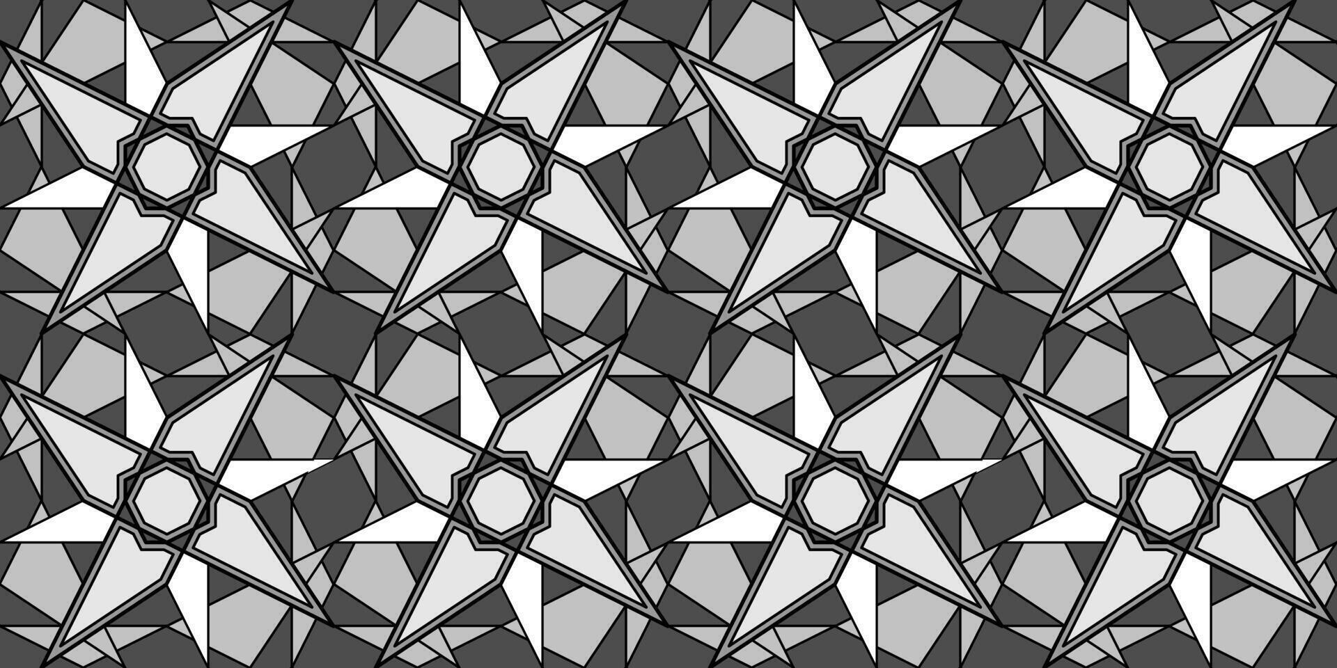 Gray white geometric polygonal seamless pattern. Complicated texture background. Interlaced illusion stars ornament. Patchwork square blocks. Monochrome design for web, textile, stained glass, etc. vector