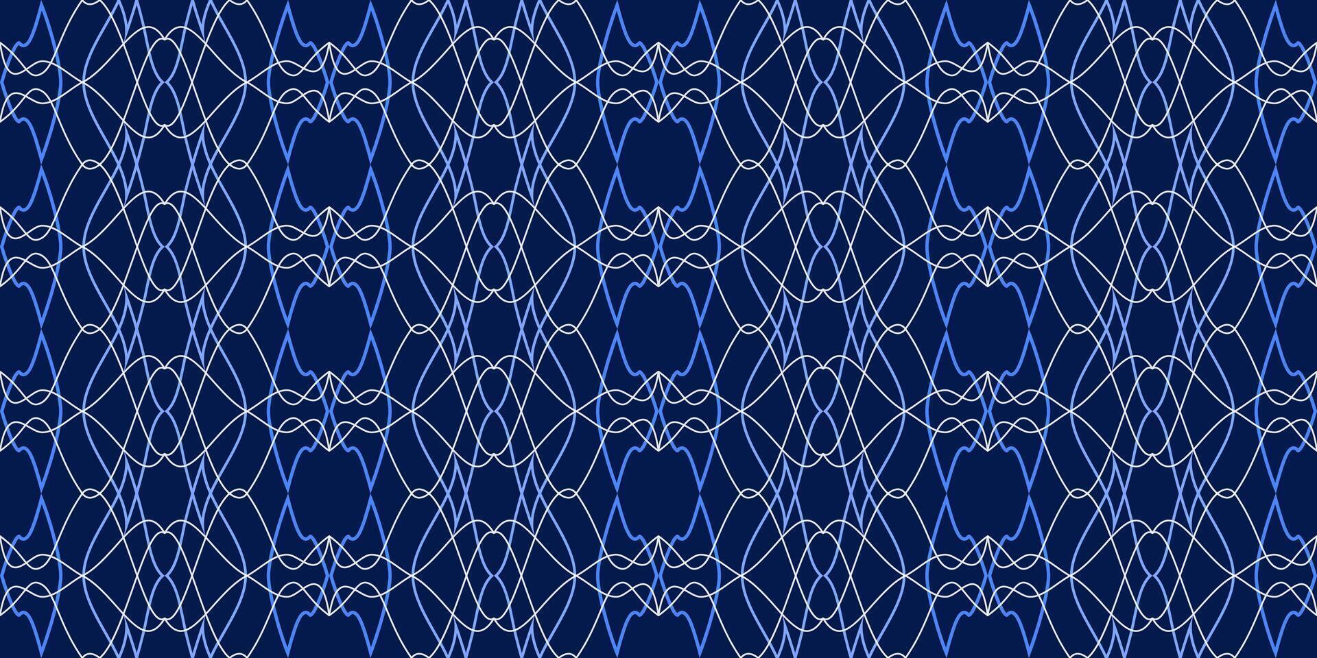 Blue ornate grid on dark blue background. Geometric symmetric seamless pattern. decorative ornament of curved lines. Refine complex pattern for your design projects. vector