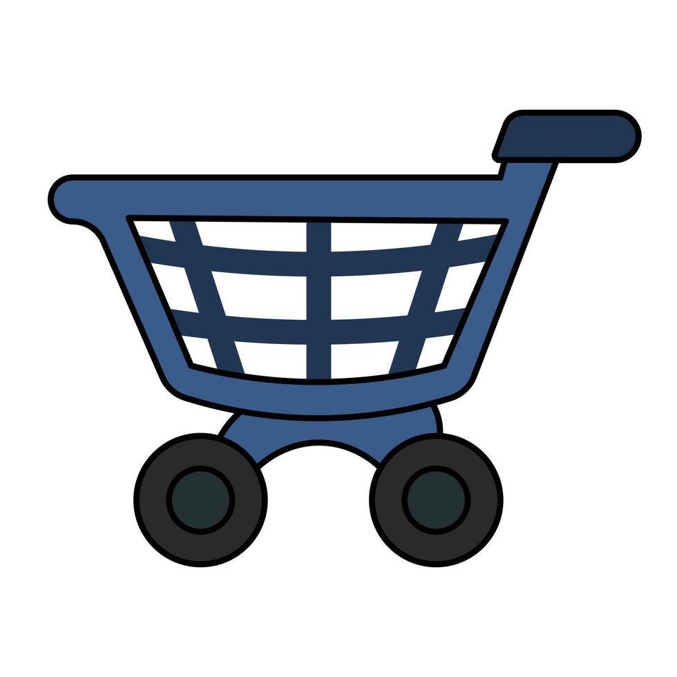 Shopping Cart Icon Illustration. The cart features a sturdy rectangular basket with a grid pattern, two large round wheels and a handlebar for pushing. vector